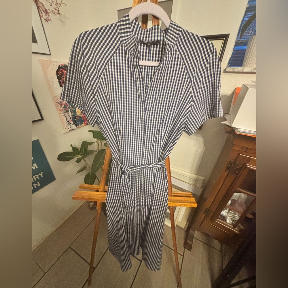 Lafayette 148 New York Gingham patterned Navy & White Check Dress with belt 10